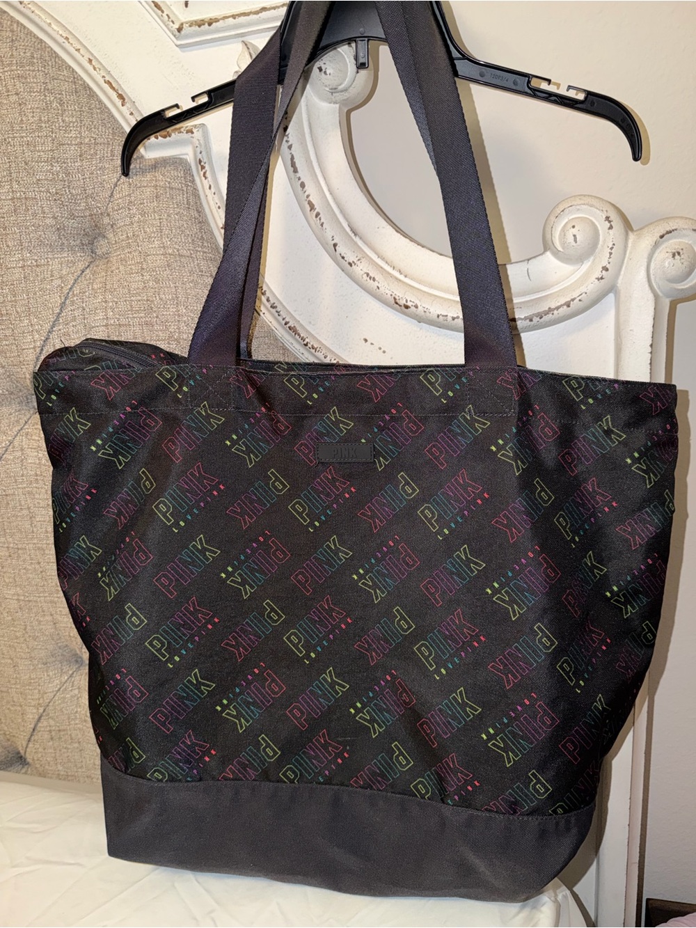 PINK Victoria's Secret Black Tote with Multicolor Logo Print